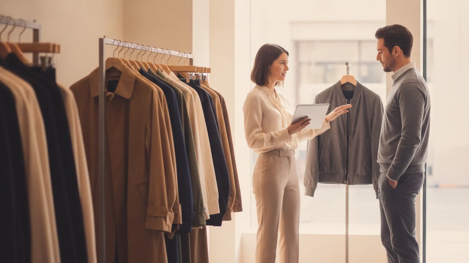 Store associate with a tablet helping a customer choose a jacket in a clothing boutique