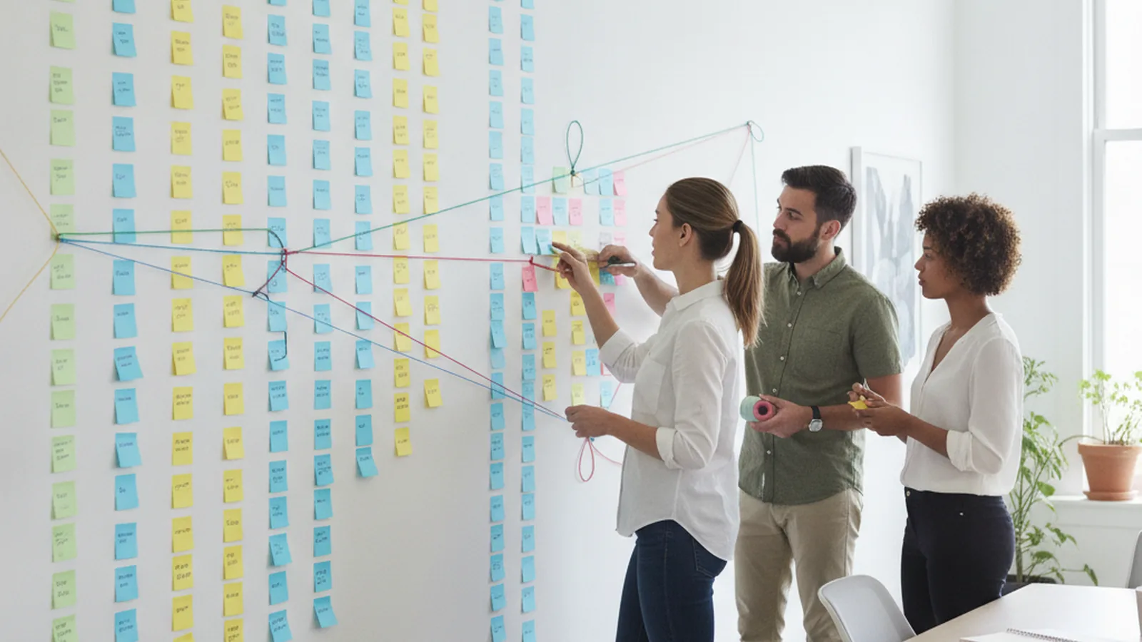 Sales team mapping a CRM implementation plan on a wall of sticky notes