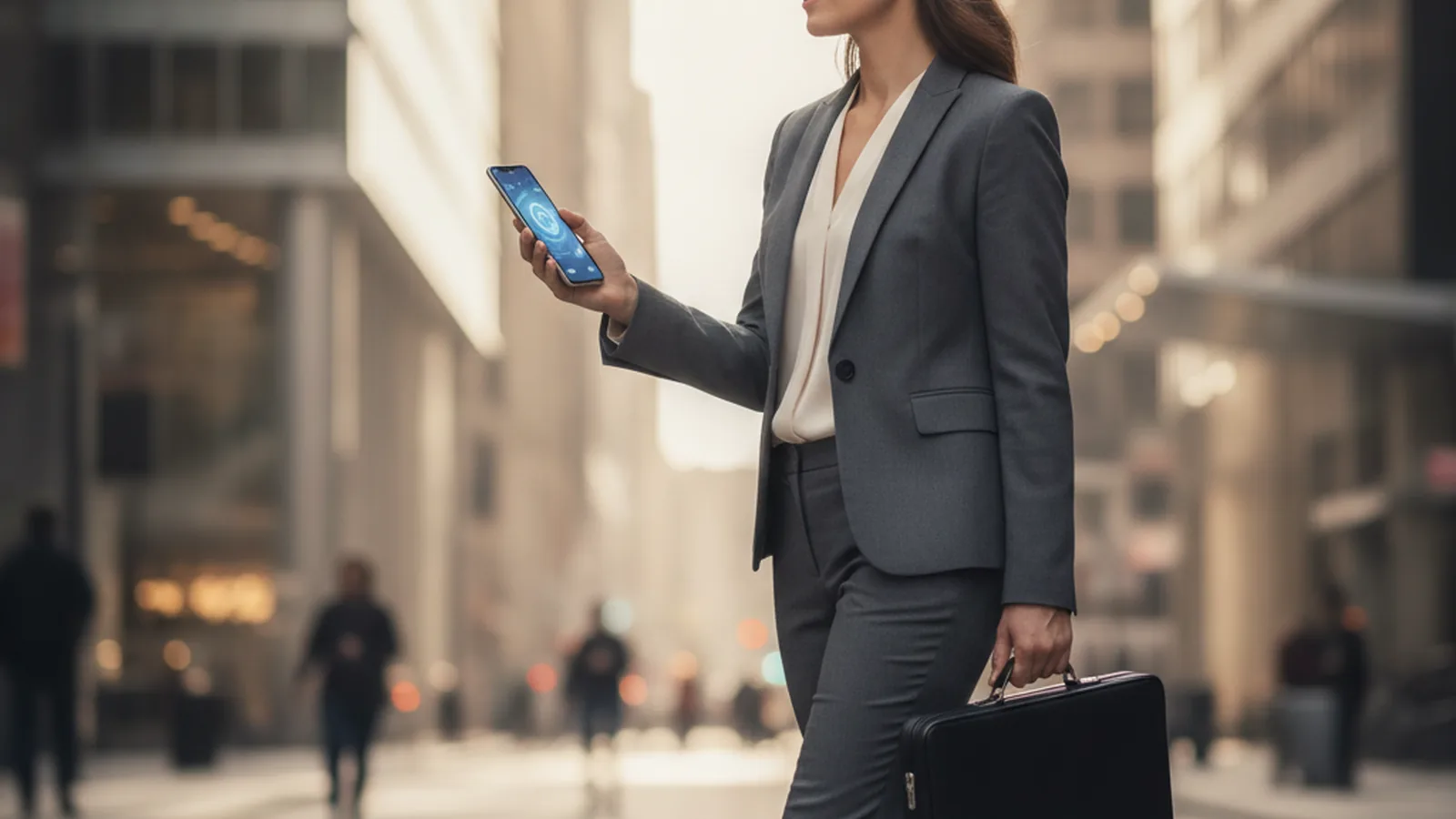 Sales rep checking a mobile CRM app on a smartphone on the way to a client meeting