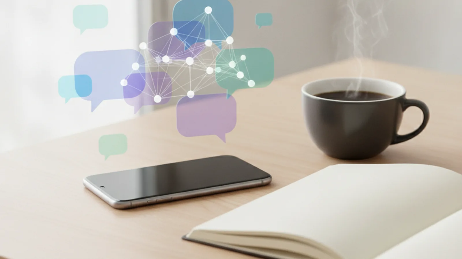 Smartphone on a desk with connected chat bubbles floating above it