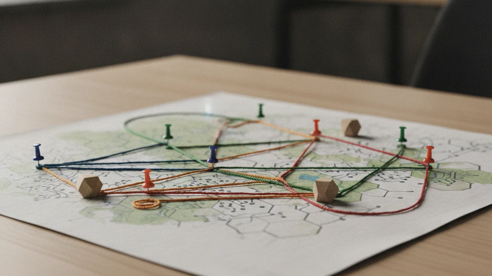 Paper sales territory map on a desk with coloured pins joined by thread