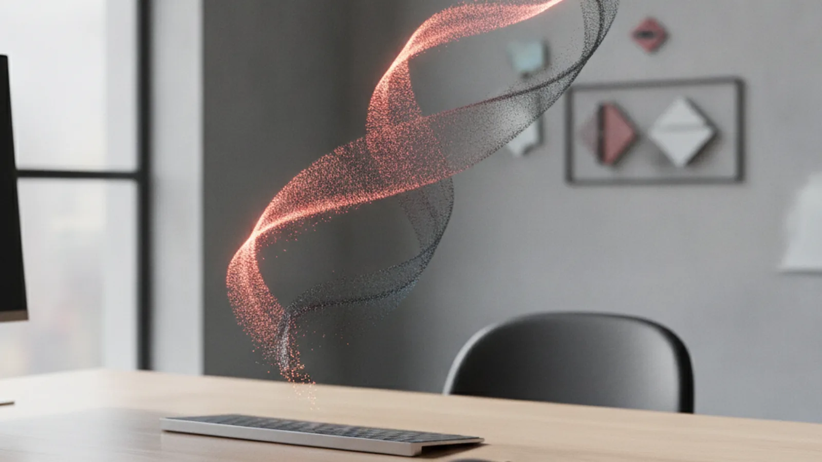 Two streams of data merging into one above an office desk