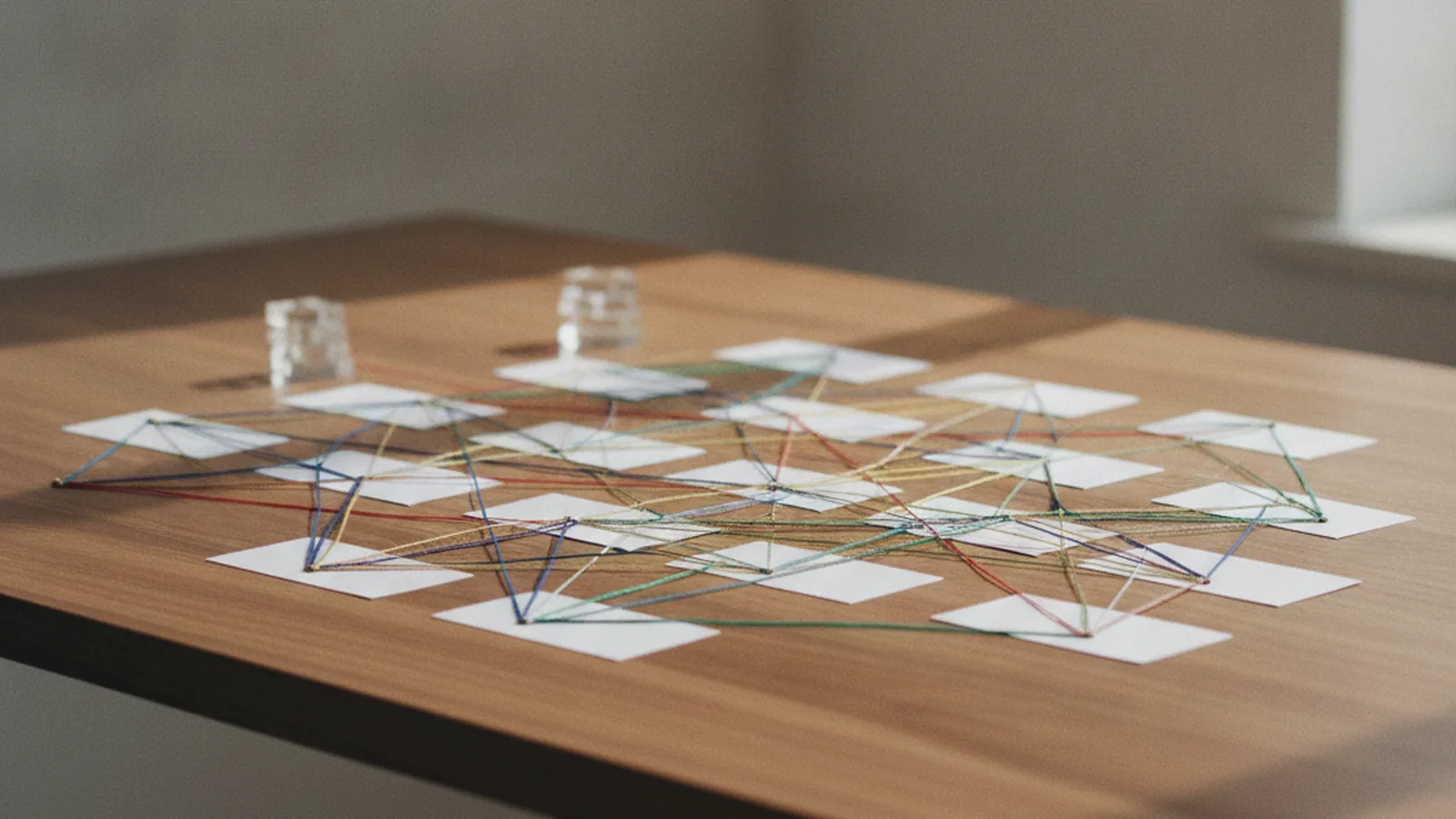 Paper cards on a wooden desk joined by coloured threads into a data map